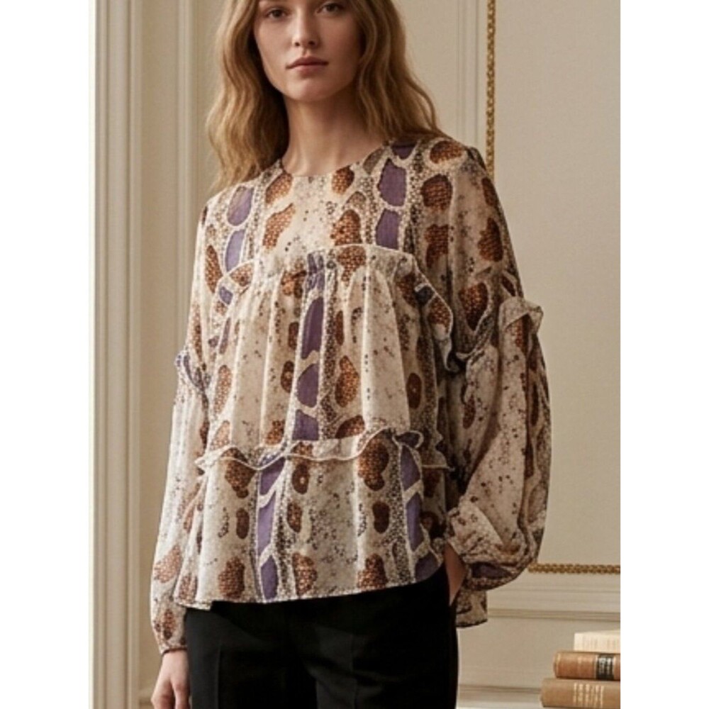 TCEC Snakeskin Print Tiered Drop Shoulder Long Sleeve Top - Boho Chic - Size S